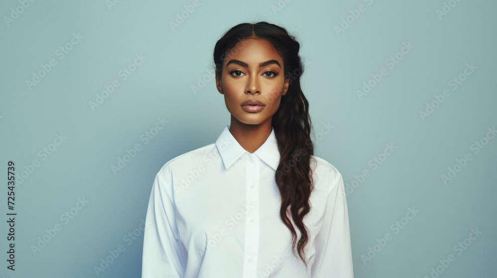 Young pretty African American woman model wearing tshirt looking at camera standing on color background. Face skin care cosmetics makeup, fashion ads. Beauty portrait. White t-shirt mock up template . Young pretty African American woman model wearing tshirt looking at camera standing on color background. Face skin care cosmetics makeup, fashion ads. Beauty portrait. White t-shirt mock up template .