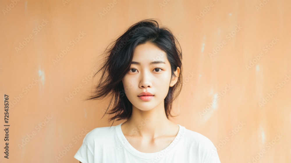 Young pretty Asian woman model wearing tshirt looking at camera standing on color background. Face skin care korean cosmetic and makeup, fashion ads. Beauty portrait. White t-shirt mock up template . Young pretty Asian woman model wearing tshirt looking at camera standing on color background. Face skin care korean cosmetic and makeup, fashion ads. Beauty portrait. White t-shirt mock up template .