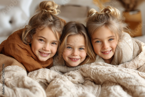3 petites filles souriantes, portraits, blondes, naturelles, ambiance cocooning, tons chauds, automne, hiver, laine, plaids, calins, tendresse photo