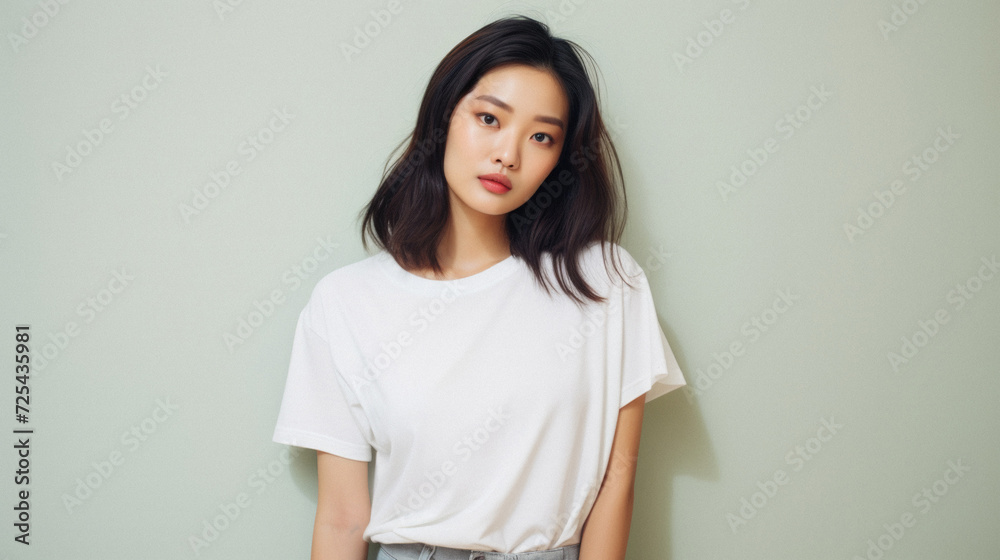 Young pretty Asian woman model wearing tshirt looking at camera standing on color background. Face skin care korean cosmetic and makeup, fashion ads. Beauty portrait. White t-shirt mock up template . Young pretty Asian woman model wearing tshirt looking at camera standing on color background. Face skin care korean cosmetic and makeup, fashion ads. Beauty portrait. White t-shirt mock up template .
