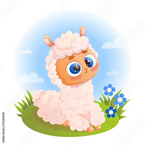 Cute baby llama alpaca with blue flowers. Vector illustration in cartoon style.