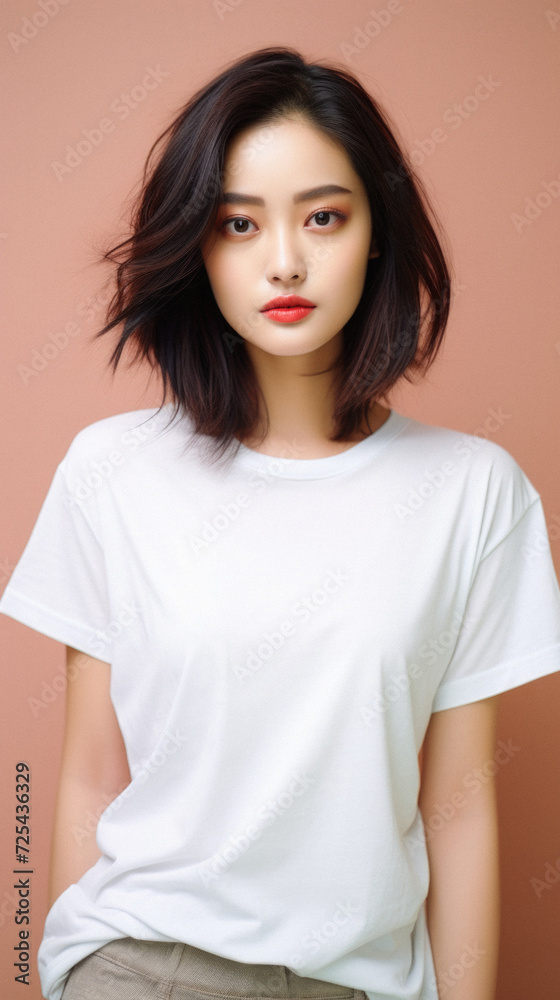 Young pretty Asian woman model wearing tshirt looking at camera standing on color background. Face skin care korean cosmetic and makeup, fashion ads. Beauty portrait. White t-shirt mock up template . Young pretty Asian woman model wearing tshirt looking at camera standing on color background. Face skin care korean cosmetic and makeup, fashion ads. Beauty portrait. White t-shirt mock up template .