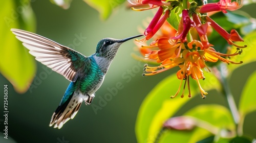 Vibrant Hummingbird Hovering near Colorful Flower AI Generated.