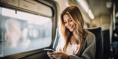 smiling young caucasian woman using her smartphone on the train on his way to work - use of smartphones and social media concept