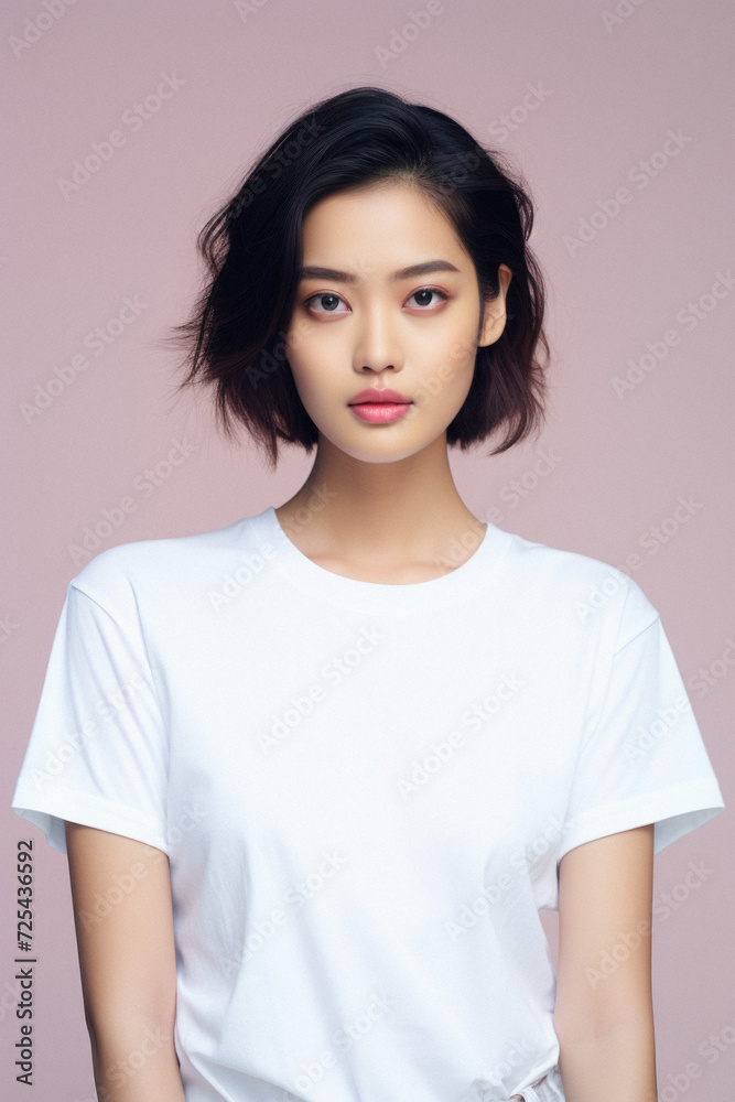 Young pretty Asian woman model wearing tshirt looking at camera standing on color background. Face skin care korean cosmetic and makeup, fashion ads. Beauty portrait. White t-shirt mock up template .