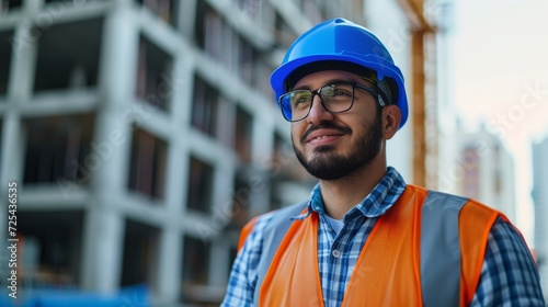 Portrait of satisfied construction site manager wearing safety vest and blue helmet with copy space. Young middle eastern architect watching construction site with confidence and looking at camera. photo