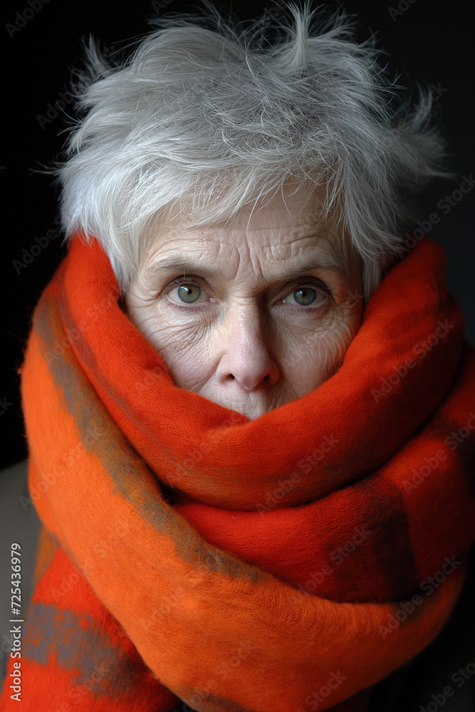 Fotografia do Stock personne âgée se protégeant du froid avec une grosse écharpe rouge, hiver