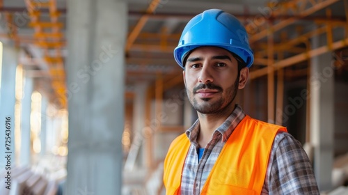 Portrait of satisfied construction site manager wearing safety vest and blue helmet with copy space. Young middle eastern architect watching construction site with confidence and looking at camera. © Sasint