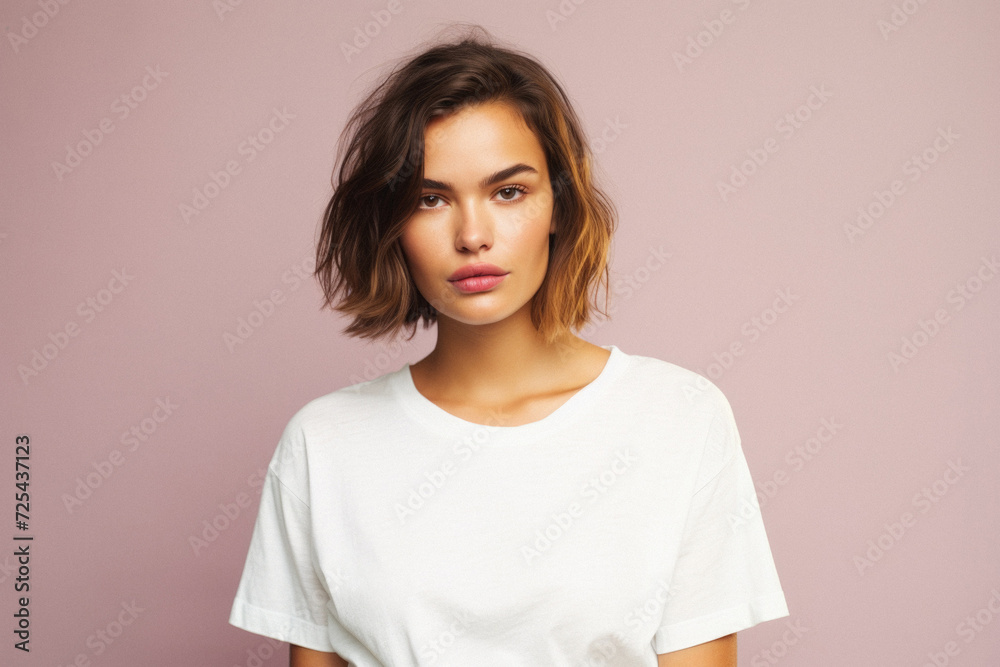 Young pretty cool trendy woman gen z model wearing tshirt looking at camera standing on color background. Face skin care cosmetics makeup, fashion ads. Beauty portrait. White t-shirt mock up template.