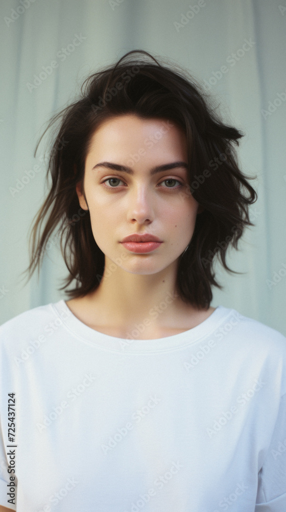 Young pretty cool trendy woman gen z model wearing tshirt looking at camera standing on color background. Face skin care cosmetics makeup, fashion ads. Beauty portrait. White t-shirt mock up template. Young pretty cool trendy woman gen z model wearing tshirt looking at camera standing on color background. Face skin care cosmetics makeup, fashion ads. Beauty portrait. White t-shirt mock up template.