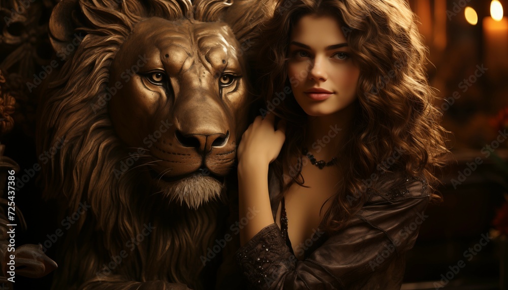 Portrait of a Beautiful Woman and a Steel Lion Portrait of a Beautiful Woman and a Steel Lion