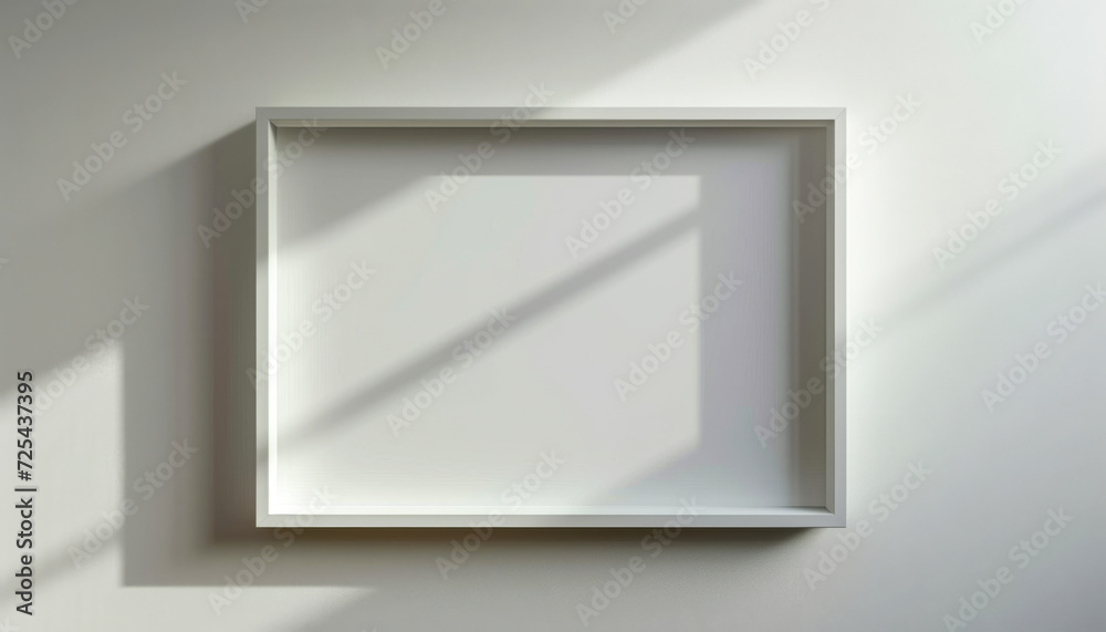A blank white canvas within a modern frame on a white wall. Copy space A blank white canvas within a modern frame on a white wall. Copy space