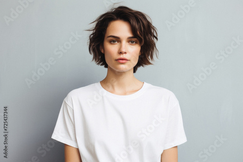 Young pretty cool trendy woman gen z model wearing tshirt looking at camera standing on color background. Face skin care cosmetics makeup, fashion ads. Beauty portrait. White t-shirt mock up template. photo