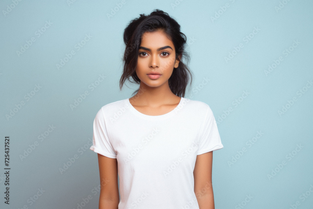 Young pretty cool Indian woman model wearing tshirt looking at camera standing on color background. Face skin care cosmetics makeup, fashion ads. Beauty portrait. White t-shirt mock up template . Young pretty cool Indian woman model wearing tshirt looking at camera standing on color background. Face skin care cosmetics makeup, fashion ads. Beauty portrait. White t-shirt mock up template .