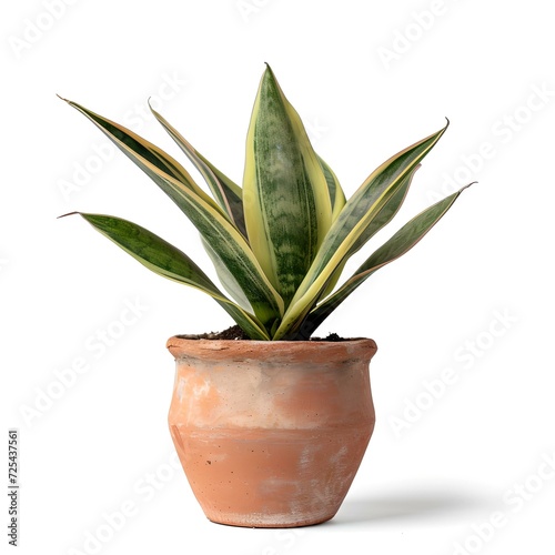 Healthy potted snake plant isolated on white background. air purifying indoor plant in terracotta pot. simple and clean design. decorative and easy to care for. indoor gardening. AI photo