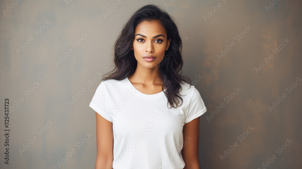 Young pretty cool Indian woman model wearing tshirt looking at camera standing on color background. Face skin care cosmetics makeup, fashion ads. Beauty portrait. White t-shirt mock up template . - obrazy, fototapety, plakaty 