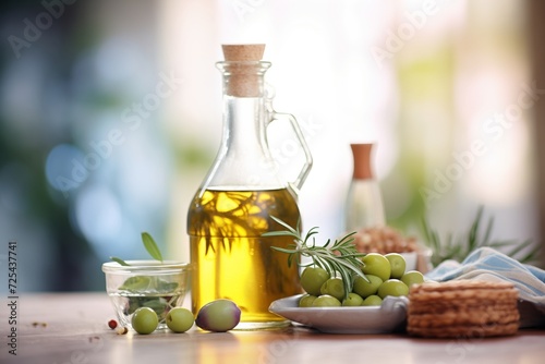 glass bottle of organic olive oil with olives nearby