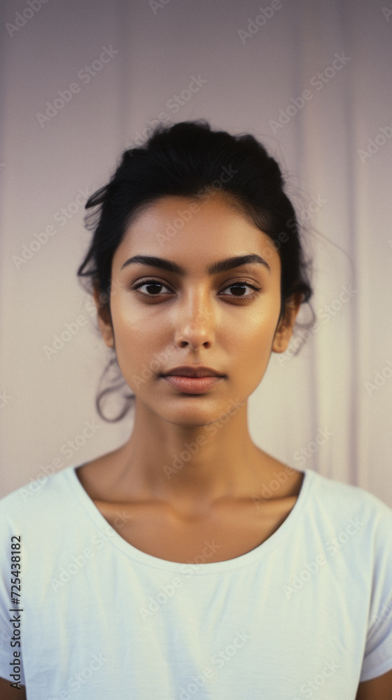 Young pretty cool Indian woman model wearing tshirt looking at camera standing on color background. Face skin care cosmetics makeup, fashion ads. Beauty portrait. White t-shirt mock up template . Young pretty cool Indian woman model wearing tshirt looking at camera standing on color background. Face skin care cosmetics makeup, fashion ads. Beauty portrait. White t-shirt mock up template .