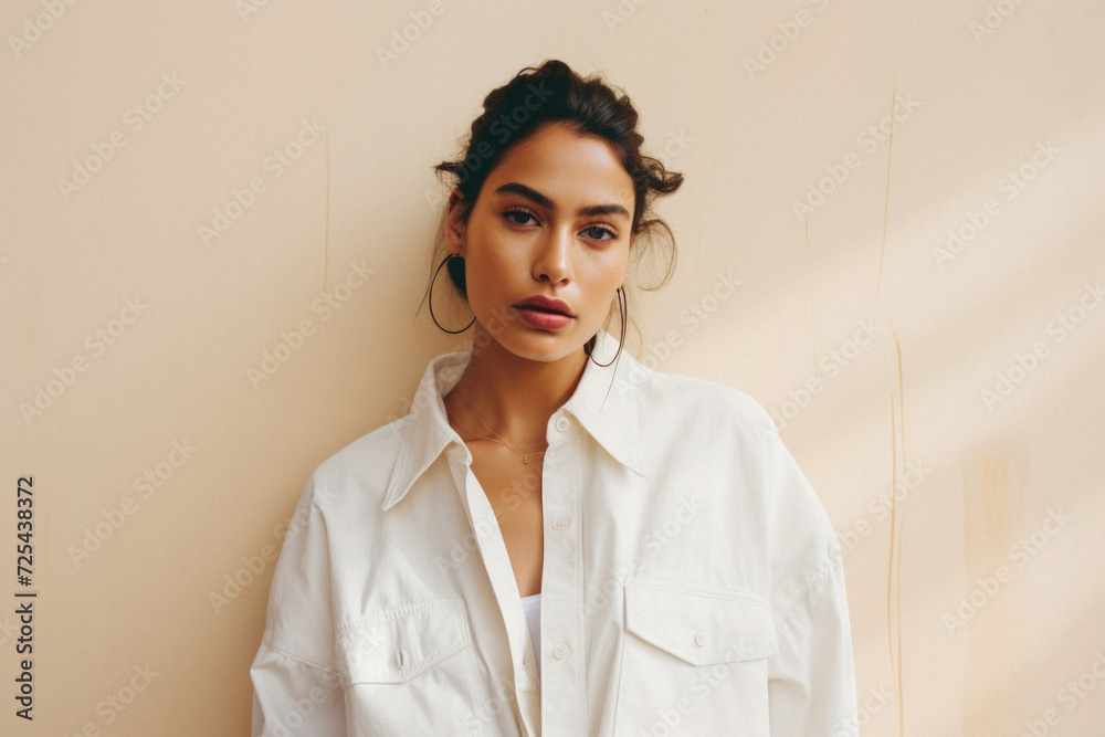 Young cool Latin woman hipster gen z model wearing mockup tshirt looking at camera on color background. Face skin care cosmetics makeup, fashion ads. Beauty portrait. White t-shirt mock up template . Young cool Latin woman hipster gen z model wearing mockup tshirt looking at camera on color background. Face skin care cosmetics makeup, fashion ads. Beauty portrait. White t-shirt mock up template .