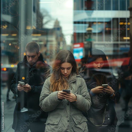 group of people using smartphone in the city, urban modern interconnectivity lifestyle photo
