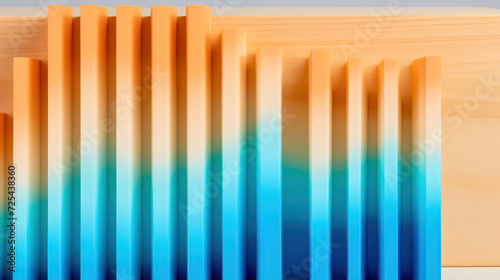 A Close-Up of Wooden Slats with Gradient Blue to Orange Hue Illuminated by Soft Light.