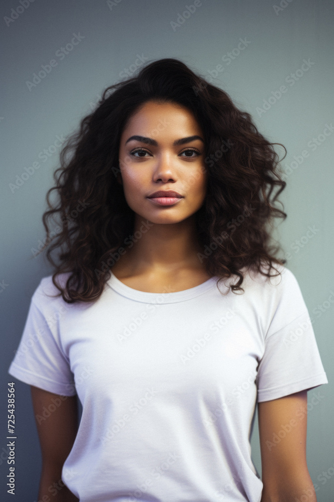 Young cool Latin woman hipster gen z model wearing mockup tshirt looking at camera on color background. Face skin care cosmetics makeup, fashion ads. Beauty portrait. White t-shirt mock up template . Young cool Latin woman hipster gen z model wearing mockup tshirt looking at camera on color background. Face skin care cosmetics makeup, fashion ads. Beauty portrait. White t-shirt mock up template .