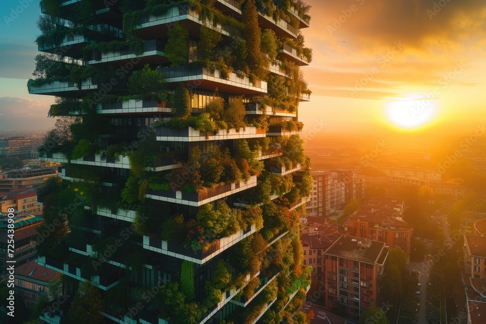Obraz premium The city of the future with green gardens on the balconies