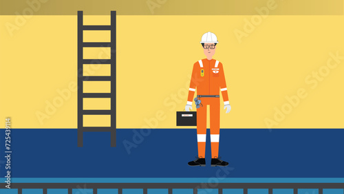 An American docker talking to a portable radio on cargo containers background vector flat design illustration isolated