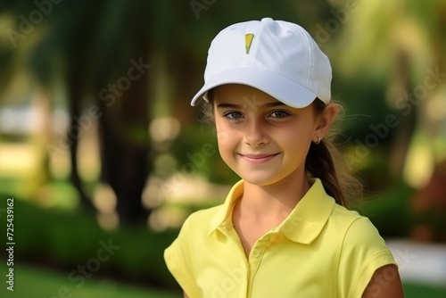 Portrait of a beautiful young woman golfer in the golf course