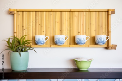 bamboo wall ledge lined with tea cups and matching saucers