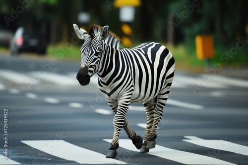 Zebra crosses the street on a zebra crossing.