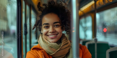 Young woman smiling warmly on a city bus. casual urban style, candid portrait. perfect for lifestyle blogs and ads. AI