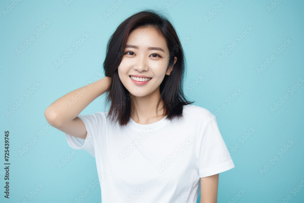 Young happy smiling Asian woman model wearing tshirt looking at camera on color background. Face skin hair care korean cosmetic and makeup, fashion ads. Beauty portrait. White t-shirt mock up template Young happy smiling Asian woman model wearing tshirt looking at camera on color background. Face skin hair care korean cosmetic and makeup, fashion ads. Beauty portrait. White t-shirt mock up template