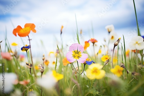a field of spring flowers under a cloudy overcast sky