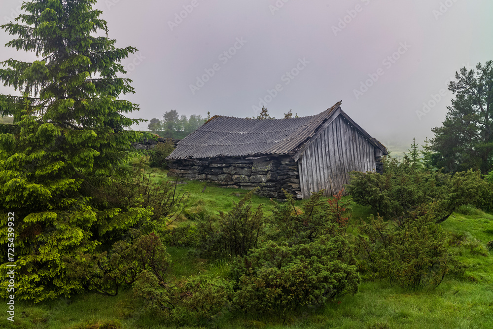 Abandoned seter mountain farm landscape near the village of Utvik, Norway