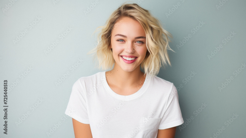 Young happy woman, smiling gen z girl model wearing tshirt looking at camera standing on color background. Face skin care cosmetics makeup, fashion ads. Beauty portrait. White t-shirt mock up template - obrazy, fototapety, plakaty 