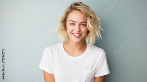 Young happy woman, smiling gen z girl model wearing tshirt looking at camera standing on color background. Face skin care cosmetics makeup, fashion ads. Beauty portrait. White t-shirt mock up template photo