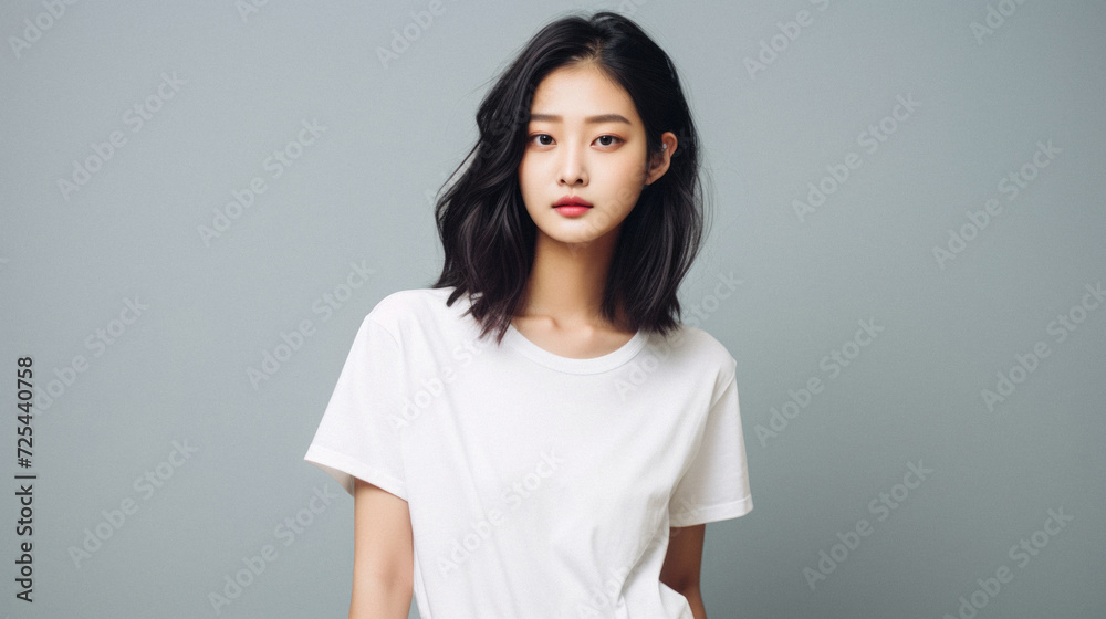 Young pretty Asian woman model wearing tshirt looking at camera standing on color background. Face skin care korean cosmetic and makeup, fashion ads. Beauty portrait. White t-shirt mock up template . Young pretty Asian woman model wearing tshirt looking at camera standing on color background. Face skin care korean cosmetic and makeup, fashion ads. Beauty portrait. White t-shirt mock up template .