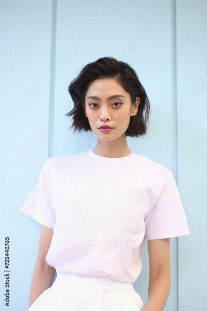 Young pretty Asian woman model wearing tshirt looking at camera standing on color background. Face skin care korean cosmetic and makeup, fashion ads. Beauty portrait. White t-shirt mock up template . Young pretty Asian woman model wearing tshirt looking at camera standing on color background. Face skin care korean cosmetic and makeup, fashion ads. Beauty portrait. White t-shirt mock up template .