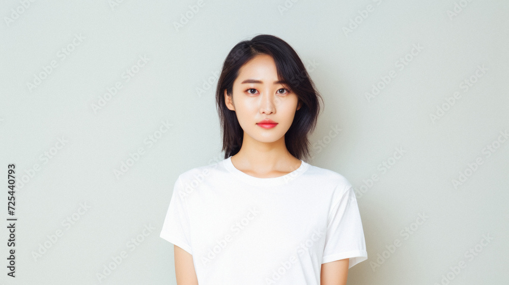 Young pretty Asian woman model wearing tshirt looking at camera standing on color background. Face skin care korean cosmetic and makeup, fashion ads. Beauty portrait. White t-shirt mock up template . Young pretty Asian woman model wearing tshirt looking at camera standing on color background. Face skin care korean cosmetic and makeup, fashion ads. Beauty portrait. White t-shirt mock up template .