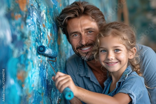 Father and daughter together painting wall, using paint roller.