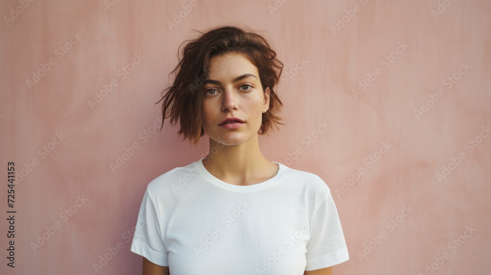 Young pretty cool trendy woman gen z model wearing tshirt looking at camera standing on color background. Face skin care cosmetics makeup, fashion ads. Beauty portrait. White t-shirt mock up template. Young pretty cool trendy woman gen z model wearing tshirt looking at camera standing on color background. Face skin care cosmetics makeup, fashion ads. Beauty portrait. White t-shirt mock up template.