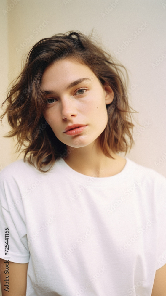 Young pretty cool trendy woman gen z model wearing tshirt looking at camera standing on color background. Face skin care cosmetics makeup, fashion ads. Beauty portrait. White t-shirt mock up template.