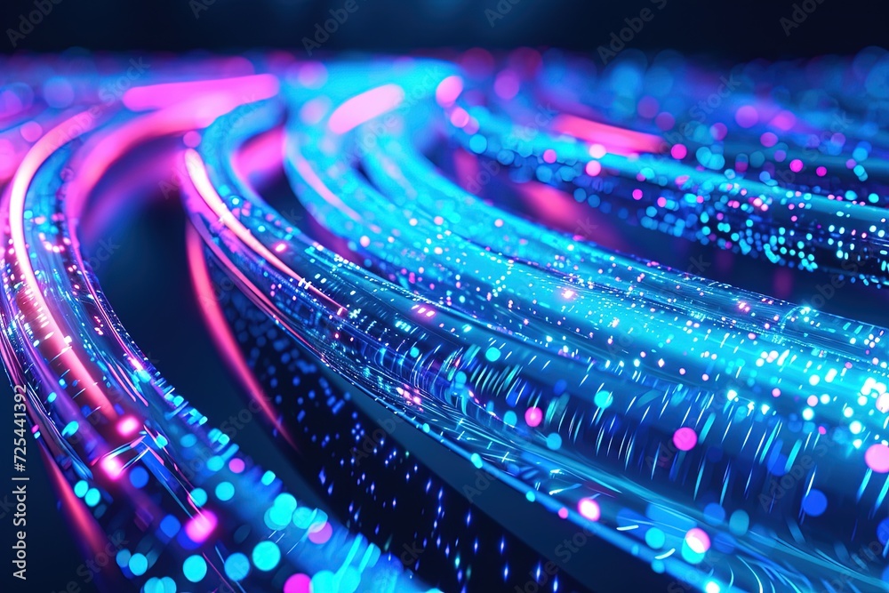 Glowing data cables transferring information close-up.