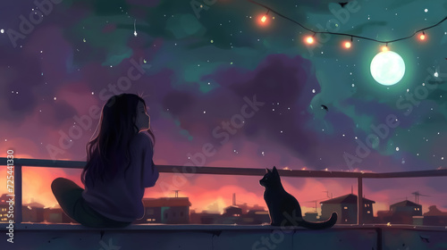 cozy evening, woman on the roof top with her cat, illustrated , lofi wallpaper