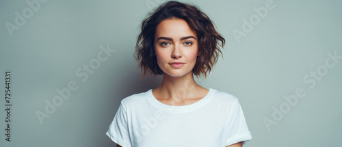 Young pretty cool trendy woman gen z model wearing tshirt looking at camera standing on color background. Face skin care cosmetics makeup, fashion ads. Beauty portrait. White t-shirt mock up templat . photo