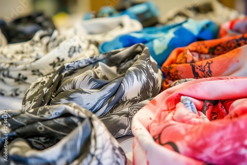 handmade scarves with unique prints displayed in a craft fair booth