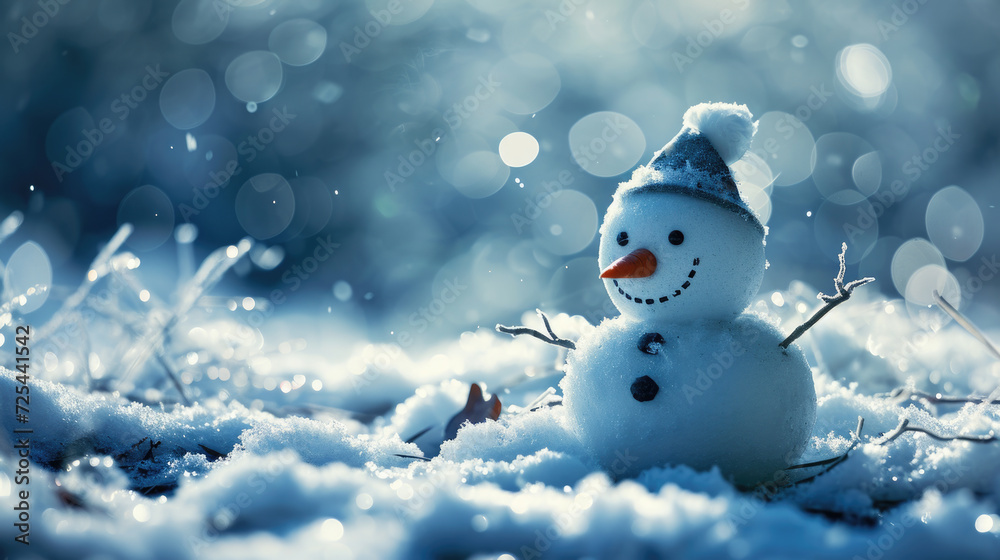 Obraz premium Snowman standing in snow. Perfect for winter-themed designs and holiday greetings