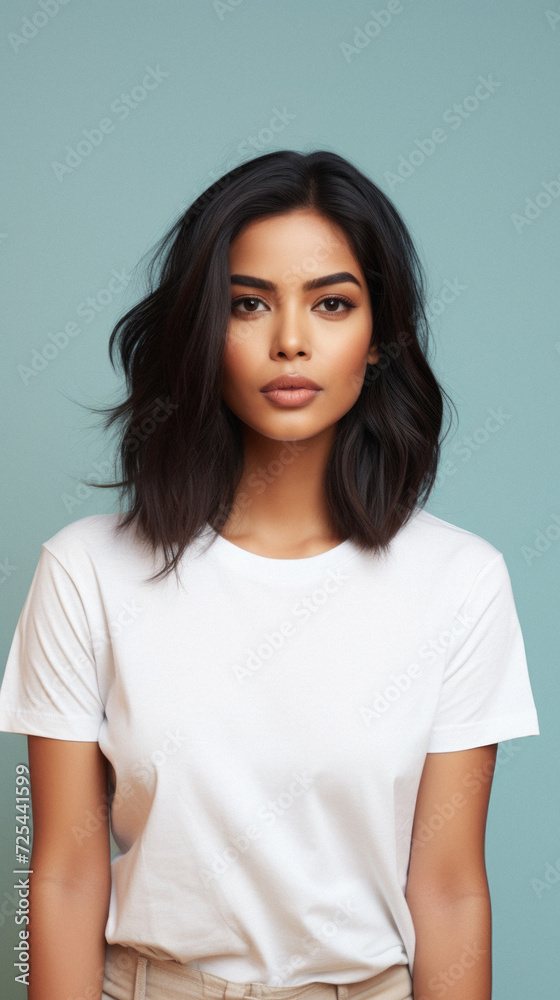 Young pretty cool Indian woman model wearing tshirt looking at camera standing on color background. Face skin care cosmetics makeup, fashion ads. Beauty portrait. White t-shirt mock up template . Young pretty cool Indian woman model wearing tshirt looking at camera standing on color background. Face skin care cosmetics makeup, fashion ads. Beauty portrait. White t-shirt mock up template .