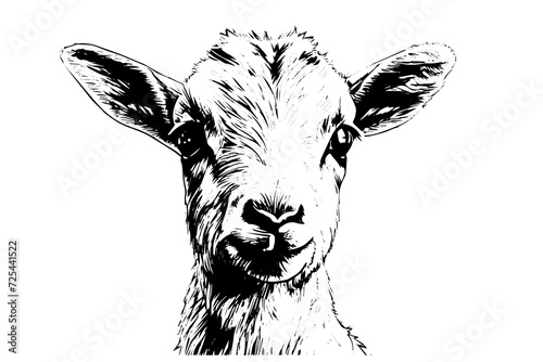 Cute baby goat head hand drawn ink sketch. Engraved style vector logotype.